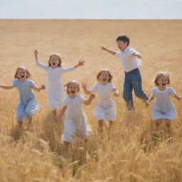 A lively scene of children playing merrily amidst a sea of golden wheat crops under a bright, sunny sky