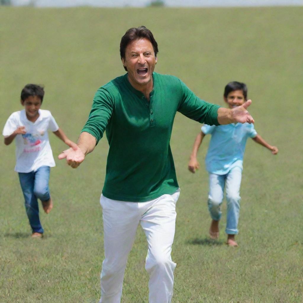 Imran Khan, dressed in casual attire, joyfully playing with children in a vast green grassy field under a bright sunny day.