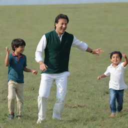 Imran Khan, dressed in casual attire, joyfully playing with children in a vast green grassy field under a bright sunny day.