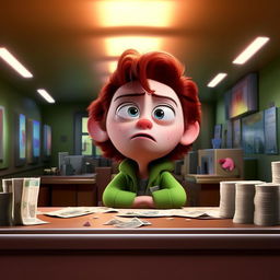 Create an image of a desperate Bob in the style of Pixar, performing a bank robbery with a clear expression of frantic madness in his eyes, in his misguided attempt to win Stacy's love.