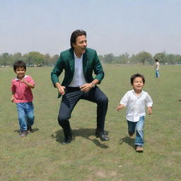 Imran Khan, dressed in casual attire, joyfully playing with children in a vast green grassy field under a bright sunny day.