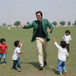 Imran Khan, dressed in casual attire, joyfully playing with children in a vast green grassy field under a bright sunny day.