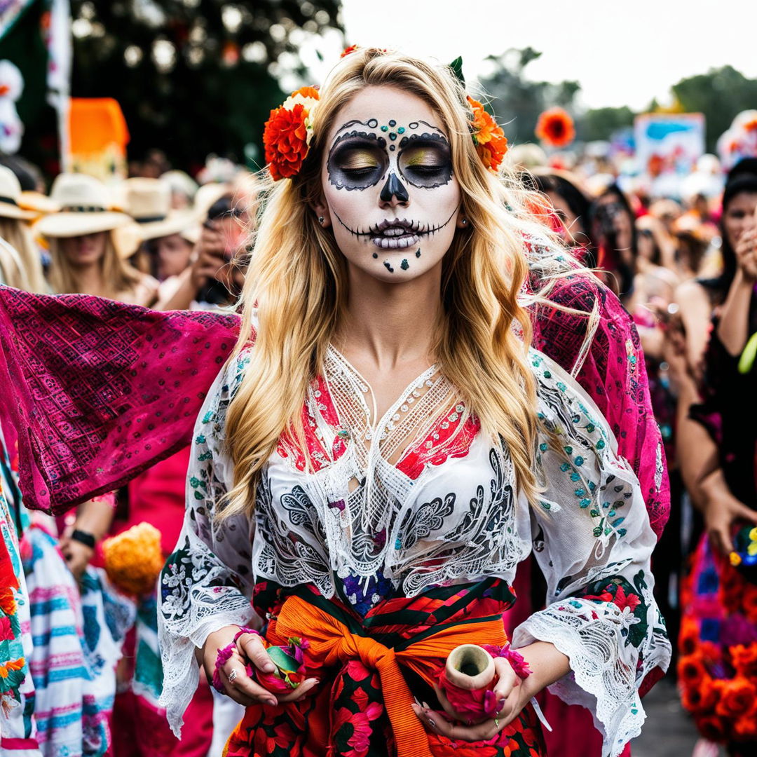 Waist-up portrait photograph of a beautiful blonde young woman dancing at a Day of the Dead festival in Mexico, adorned with traditional sugar skull makeup and intricate clothing.