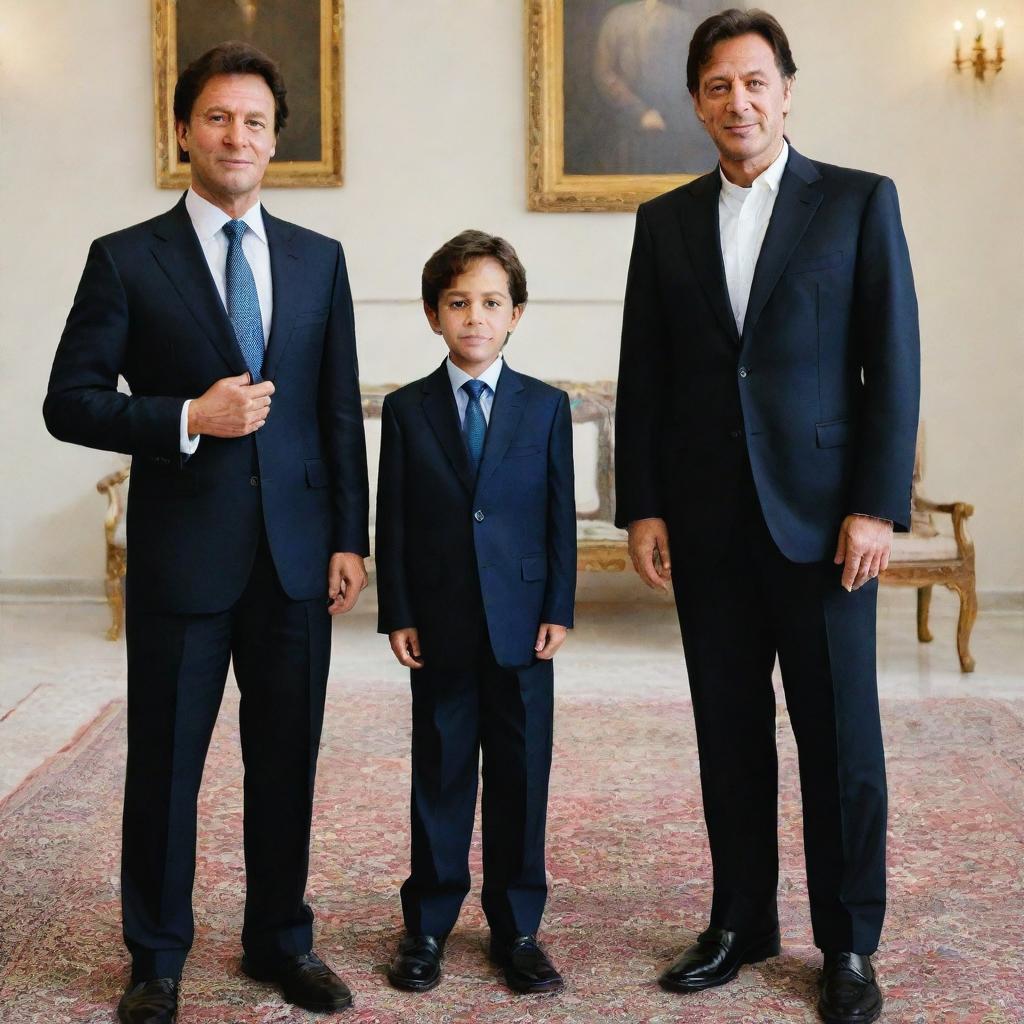 Young boy named Umar standing next to a lifelike figure of former Prime Minister Imran Khan. Both are in a formal setting.