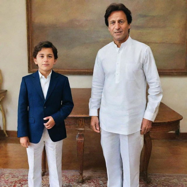 Young boy named Umar standing next to a lifelike figure of former Prime Minister Imran Khan. Both are in a formal setting.