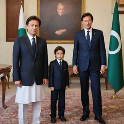 Young boy named Umar standing next to a lifelike figure of former Prime Minister Imran Khan. Both are in a formal setting.