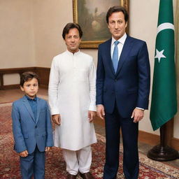 Young boy named Umar standing next to a lifelike figure of former Prime Minister Imran Khan. Both are in a formal setting.