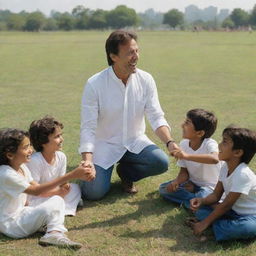 A precise representation of Imran Khan, in casual attire, happily interacting with children on a large, sunlit grassy field.