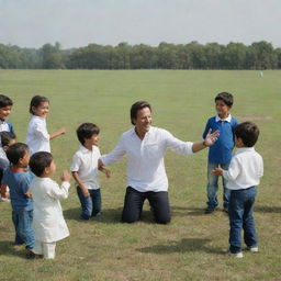 A precise representation of Imran Khan, in casual attire, happily interacting with children on a large, sunlit grassy field.