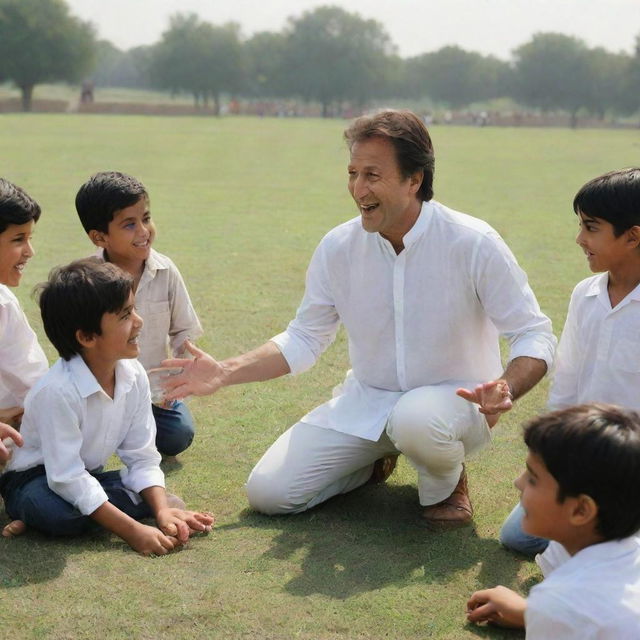 A precise representation of Imran Khan, in casual attire, happily interacting with children on a large, sunlit grassy field.