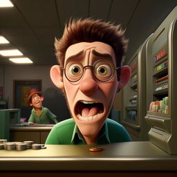 Create an image of a desperate Bob in the style of Pixar, performing a bank robbery with a clear expression of frantic madness in his eyes, in his misguided attempt to win Stacy's love.