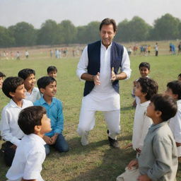 A precise representation of Imran Khan, in casual attire, happily interacting with children on a large, sunlit grassy field.