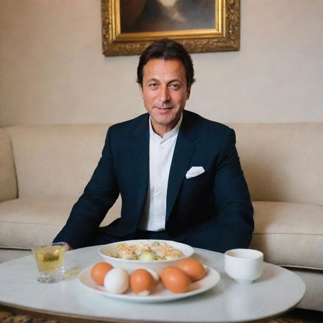 Imran Khan, dressed comfortably, eating boiled eggs while sitting in his elegant and cozy lounge.