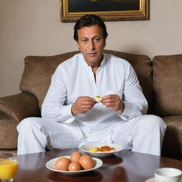 Imran Khan, dressed comfortably, eating boiled eggs while sitting in his elegant and cozy lounge.