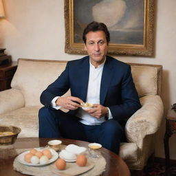 Imran Khan, dressed comfortably, eating boiled eggs while sitting in his elegant and cozy lounge.