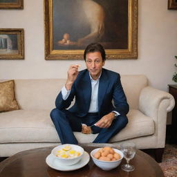 Imran Khan, dressed comfortably, eating boiled eggs while sitting in his elegant and cozy lounge.