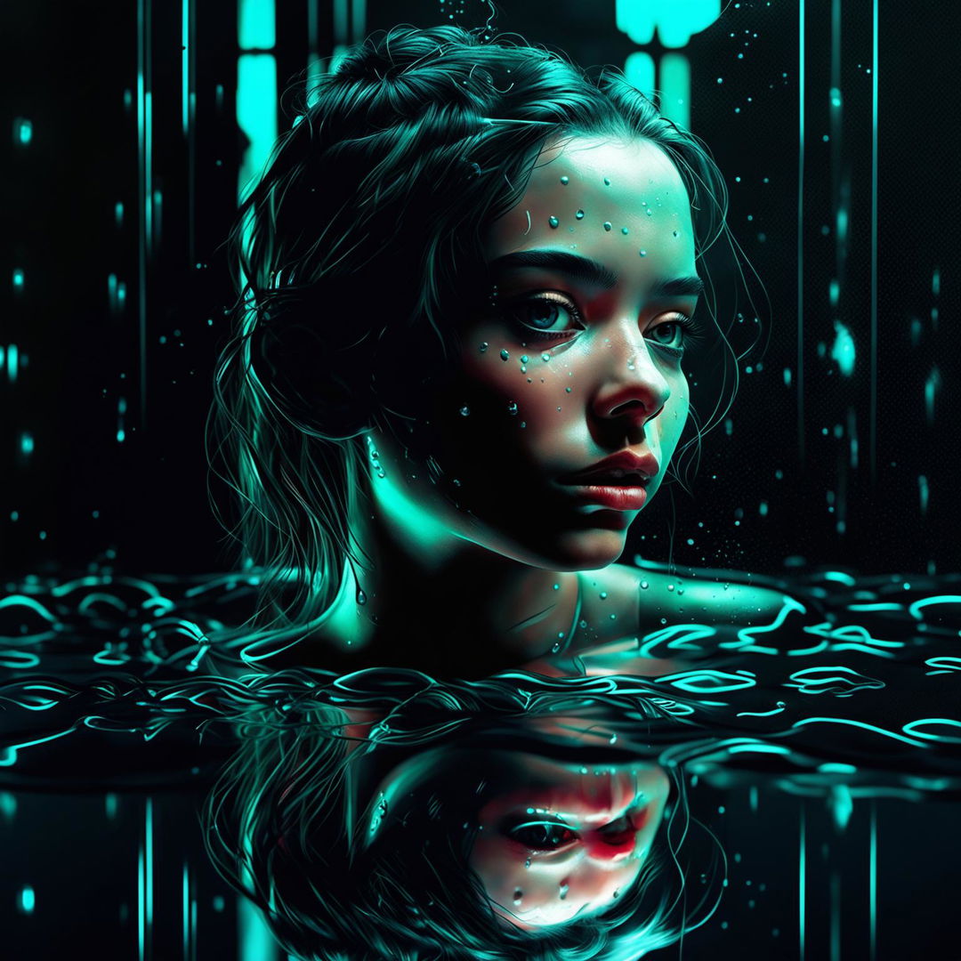 A young woman stands against a reflective surface under atmospheric teal light. Water droplets glisten on her skin and she wears a contemplative expression.