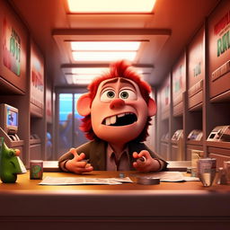 Create an image of a desperate Bob in the style of Pixar, performing a bank robbery with a clear expression of frantic madness in his eyes, in his misguided attempt to win Stacy's love.