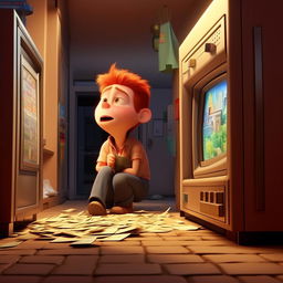 In the style of Pixar, depict Bob hiding after his bank robbery, discovering on his TV that he's won the lottery, portraying a mixture of surprise and anguish, realizing the needless crime he committed.