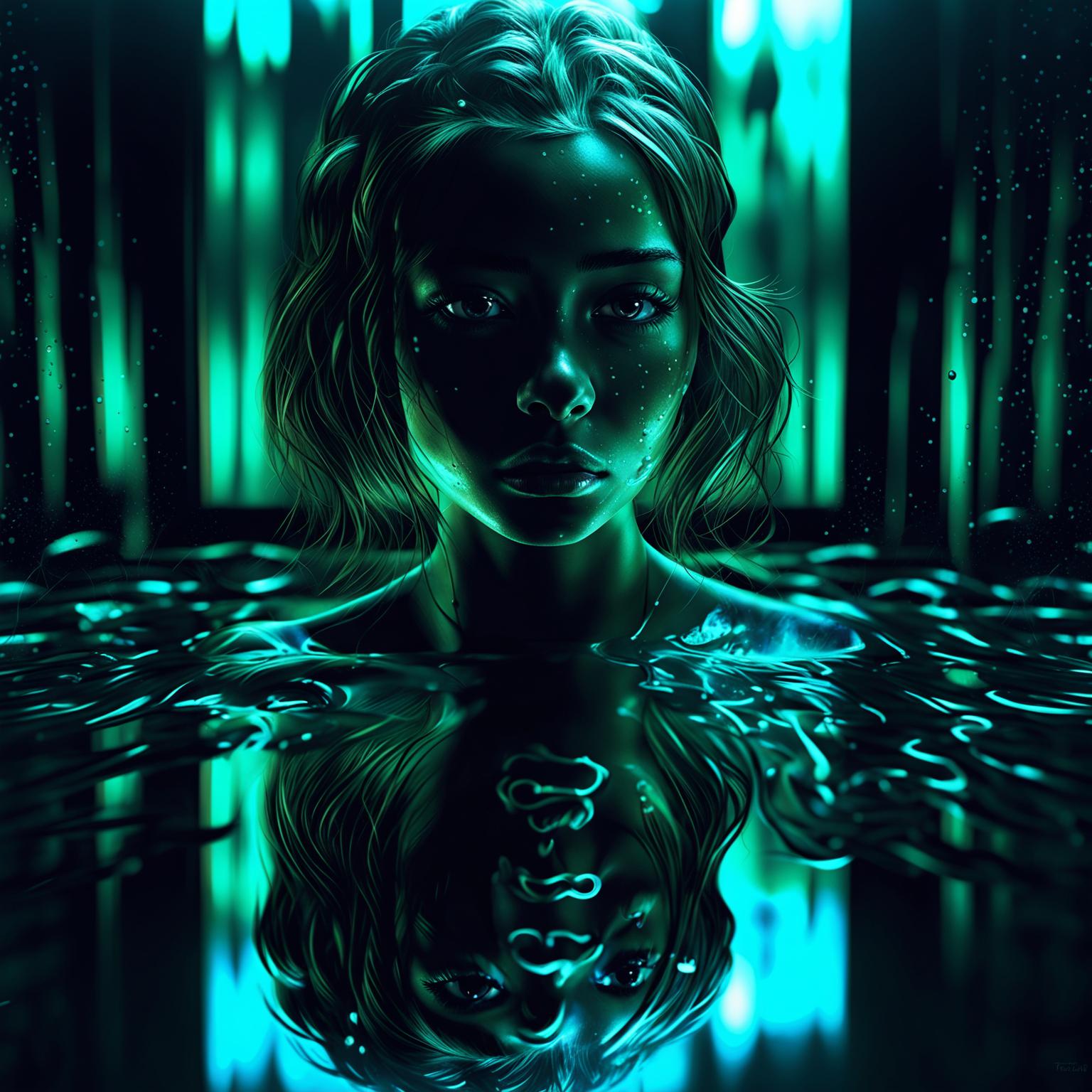 A young woman stands against a reflective surface under atmospheric teal light. Water droplets glisten on her skin and she wears a contemplative expression.