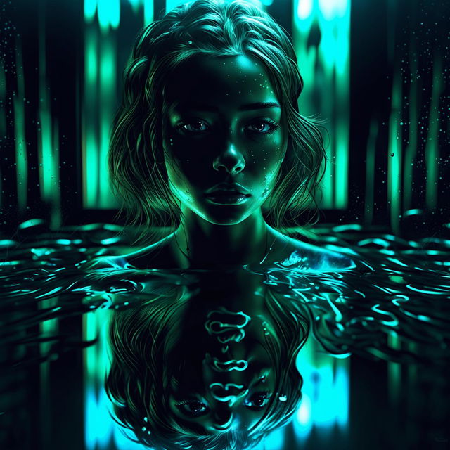 A young woman stands against a reflective surface under atmospheric teal light. Water droplets glisten on her skin and she wears a contemplative expression.