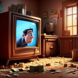 In the style of Pixar, depict Bob hiding after his bank robbery, discovering on his TV that he's won the lottery, portraying a mixture of surprise and anguish, realizing the needless crime he committed.