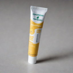 An anti-hemorrhoid ointment called Hemorrolyse made from essential plant oils and honey, packaged in an aluminum tube