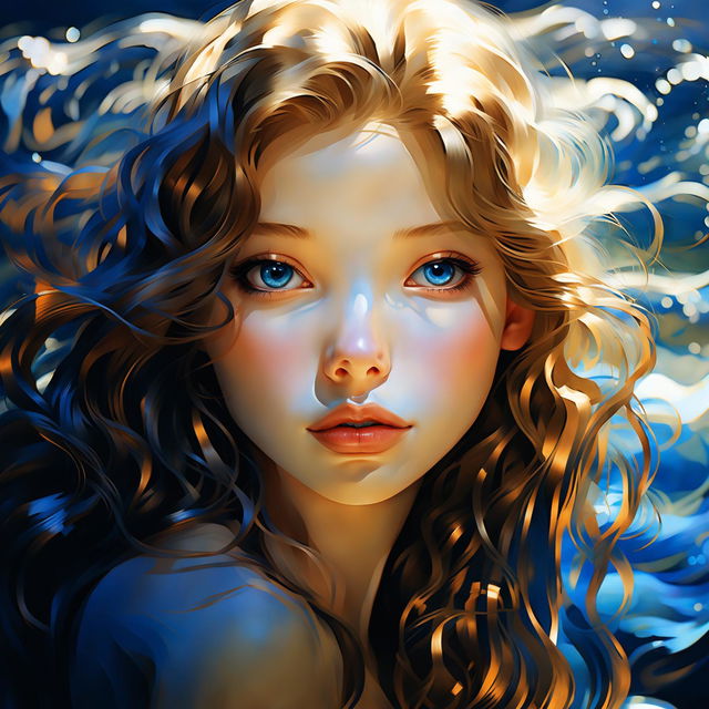 Digital art portrait of a young woman with fair skin and striking blue eyes looking directly at the viewer. Her long, wavy blond hair frames her face and shoulders. Soft lighting casts a warm glow on her, highlighting her high cheekbones.