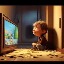 In the style of Pixar, depict Bob hiding after his bank robbery, discovering on his TV that he's won the lottery, portraying a mixture of surprise and anguish, realizing the needless crime he committed.