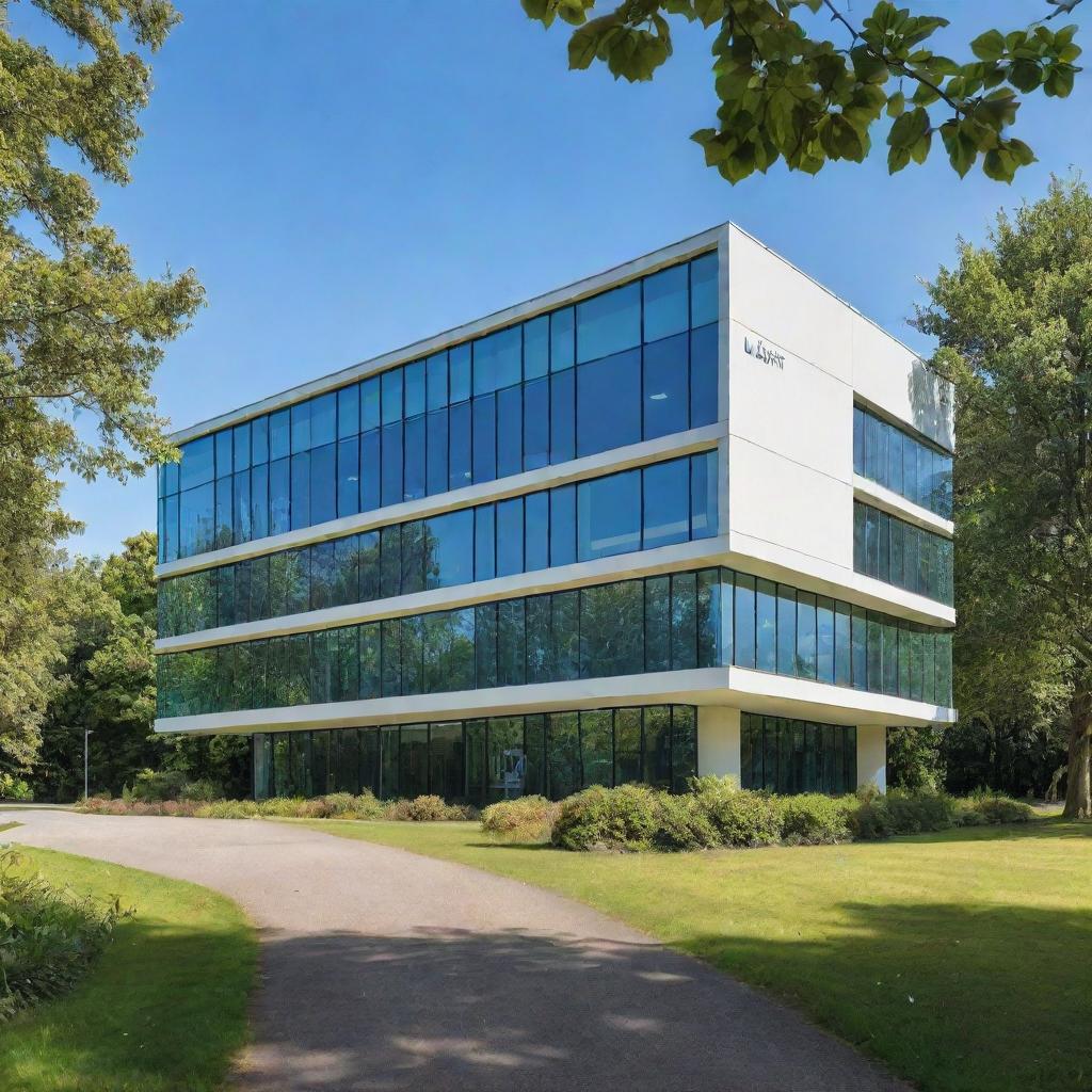 Stylish modern building with large glass windows and a big sign reading 'S.U IT INSTITUTE'. The building is surrounded by lush green trees under a bright blue sky.