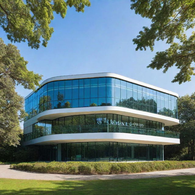 Stylish modern building with large glass windows and a big sign reading 'S.U IT INSTITUTE'. The building is surrounded by lush green trees under a bright blue sky.