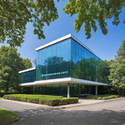Stylish modern building with large glass windows and a big sign reading 'S.U IT INSTITUTE'. The building is surrounded by lush green trees under a bright blue sky.