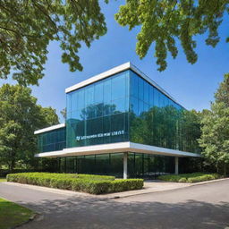 Stylish modern building with large glass windows and a big sign reading 'S.U IT INSTITUTE'. The building is surrounded by lush green trees under a bright blue sky.