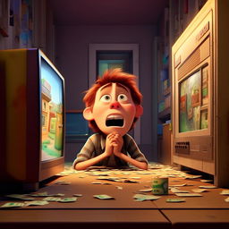 In the style of Pixar, depict Bob hiding after his bank robbery, discovering on his TV that he's won the lottery, portraying a mixture of surprise and anguish, realizing the needless crime he committed.