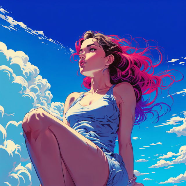 Digital art of a stylized young woman seated against a vibrant sky blue background with soft, fluffy clouds. The subject is in the foreground, viewed from a low angle.