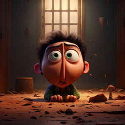 Illustrate, in Pixar's style, the tragic moment when a guilt-stricken Bob, overwhelmed by his regrettable actions, succumbs to his despair.