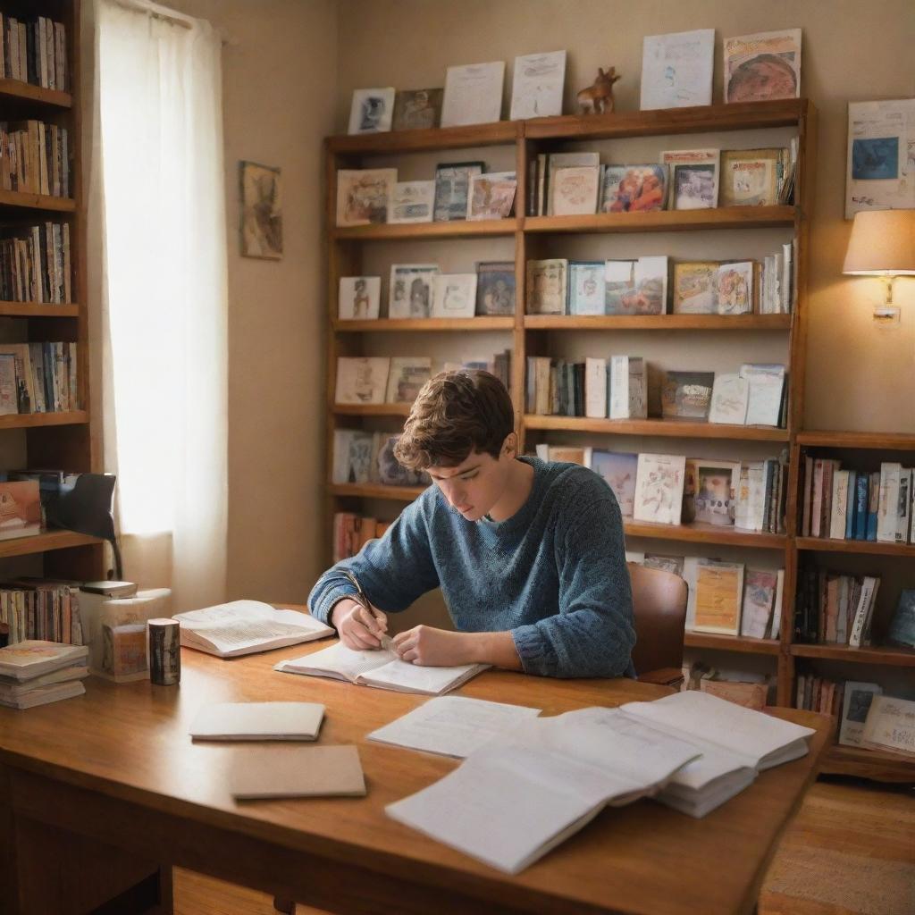 A focused teenager studying at a wooden desk in a cozy, well-lit room surrounded by bookshelves filled with books, posters on the wall, and a warm-colored floor lamp.