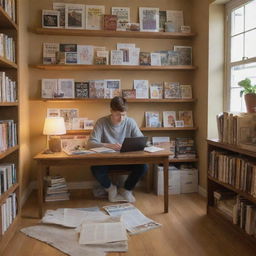 A focused teenager studying at a wooden desk in a cozy, well-lit room surrounded by bookshelves filled with books, posters on the wall, and a warm-colored floor lamp.