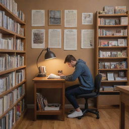 A focused teenager studying at a wooden desk in a cozy, well-lit room surrounded by bookshelves filled with books, posters on the wall, and a warm-colored floor lamp.