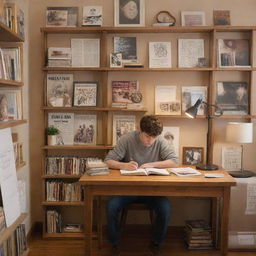 A focused teenager studying at a wooden desk in a cozy, well-lit room surrounded by bookshelves filled with books, posters on the wall, and a warm-colored floor lamp.