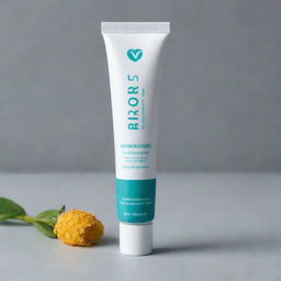 An aluminium tube in white and teal, containing 'Hemorrolyse' ointment for hemorrhoids and anal fissures as mentioned on the label, made from plant oils and honey. Produced by BTS Beauty.