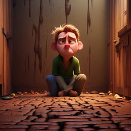 Illustrate, in Pixar's style, the tragic moment when a guilt-stricken Bob, overwhelmed by his regrettable actions, succumbs to his despair.