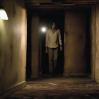 The protagonist's stepping down into the basement added suspense to the horror movie.