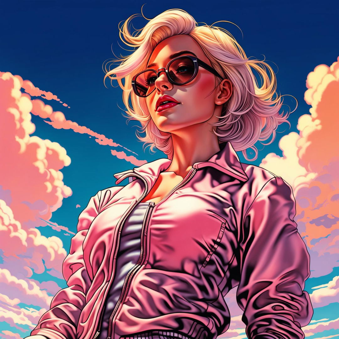 Digital art of a stylized young woman with blonde hair, wearing sunglasses and a pink bomber jacket with a satiny sheen. She is seated against a vibrant sky blue background with soft, fluffy clouds. The jacket is partially unzipped, revealing a silver zipper and grayish inner lining. The lighting is late afternoon, with the golden hour sun casting warm hues and soft shadows.