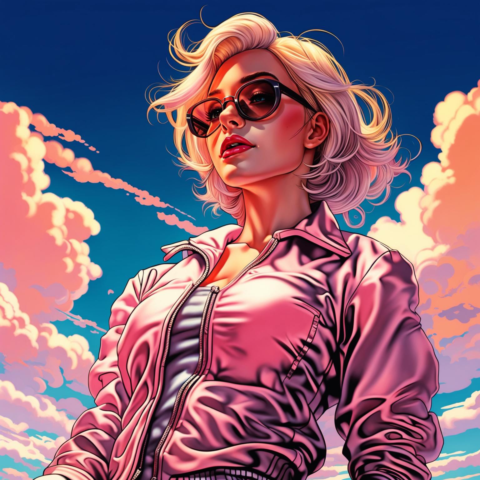 Digital art of a stylized young woman with blonde hair, wearing sunglasses and a pink bomber jacket with a satiny sheen. She is seated against a vibrant sky blue background with soft, fluffy clouds. The jacket is partially unzipped, revealing a silver zipper and grayish inner lining. The lighting is late afternoon, with the golden hour sun casting warm hues and soft shadows.
