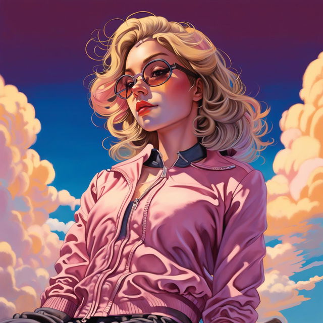 Soft pastel art of a stylized young woman with blonde hair, wearing sunglasses and a pink bomber jacket with a satiny sheen. She is seated against a vibrant sky blue background with soft, fluffy clouds. The jacket is partially unzipped, revealing a silver zipper and grayish inner lining. The lighting is late afternoon, with the golden hour sun casting warm hues and soft shadows.