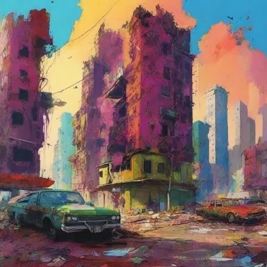 The artist used vibrant colors to depict a post-apocalyptic scene where nature lay waste to the once-thriving city.