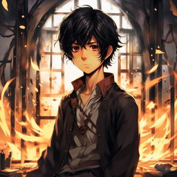 An anime-style illustration in Makoto Shinkai's style. Show Kaito, a young man with dark hair and pensive countenance, dressed as a magic apprentice, visibly dissatisfied with his mundane tasks and dreaming of intense battles.