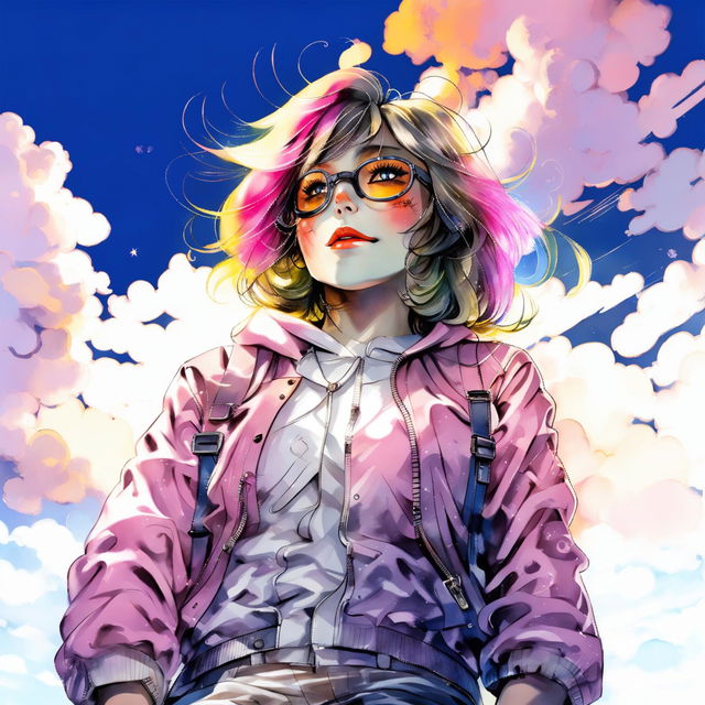 Watercolor painting of a stylized young woman with blonde hair, wearing sunglasses and a pink bomber jacket with a satiny sheen. She is seated against a vibrant sky blue background with soft, fluffy clouds. The jacket is partially unzipped, revealing a silver zipper and grayish inner lining. The lighting is late afternoon, with the golden hour sun casting warm hues and soft shadows.