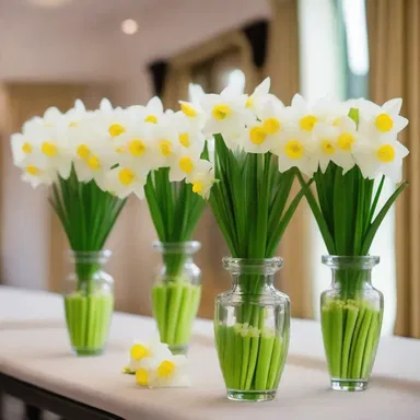 The grand hall was adorned with beautiful vases filled with narcissus flowers, adding elegance to the interior design.
